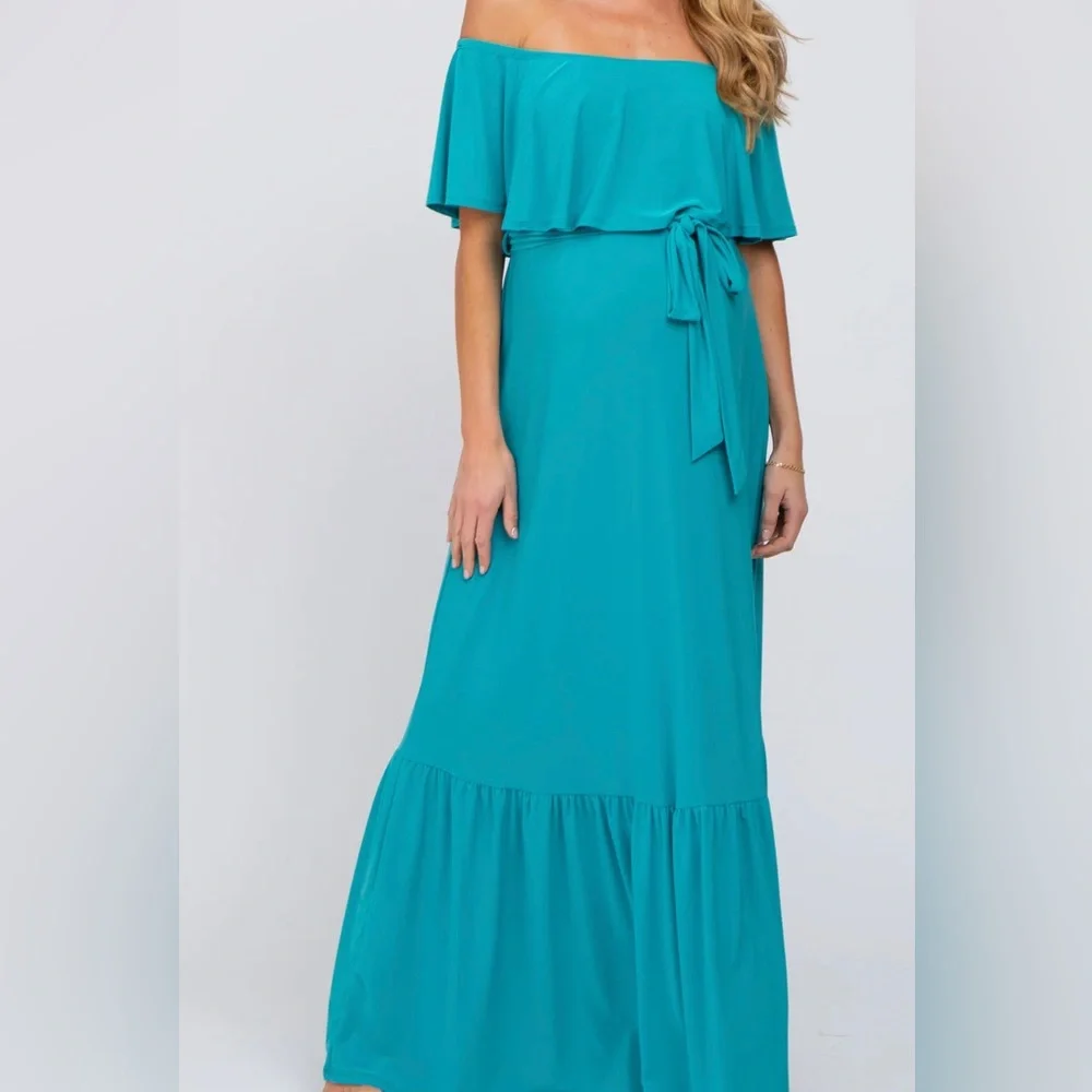 Teal off the shoulder maternity dress, medium - Picture 2 of 2